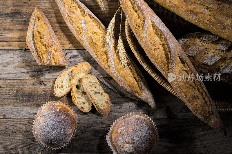 Freshly baked bread on wooden table